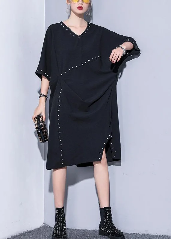 Women black v neck Cotton quilting clothes Rivet summer Dresses Velvet unclassified dresses