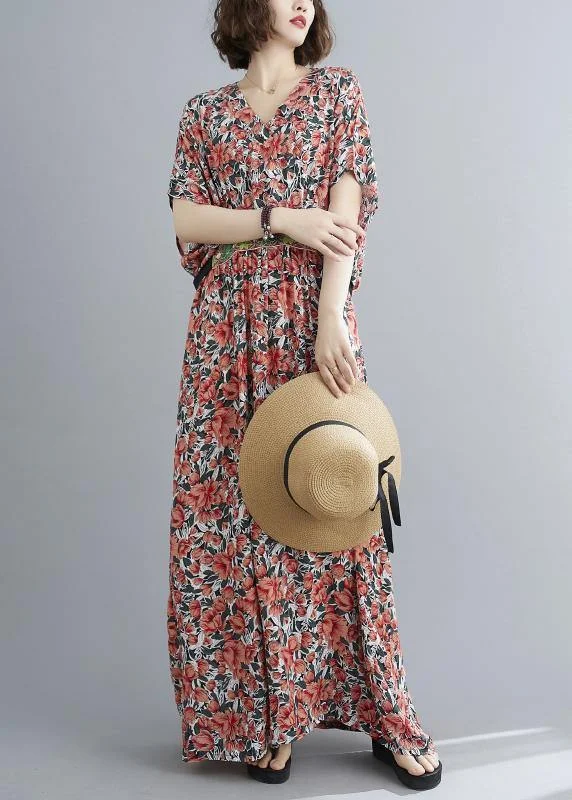 Style Red Print Button Summer Cotton Dress Velvet unclassified dresses