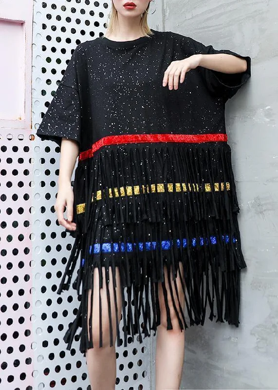 Vivid black Cotton 0layered tassel Dresses summer Dress Striped unclassified dresses