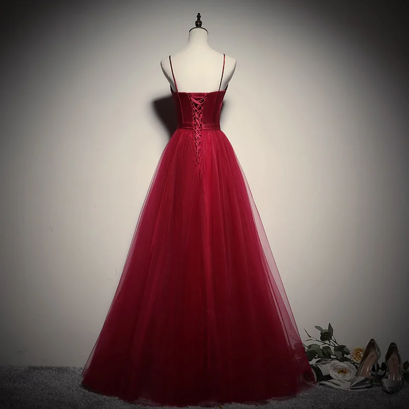 Gorgeous Dark Red Straps Tulle Long Party Dress, A-line Formal Dress Flowy party dresses