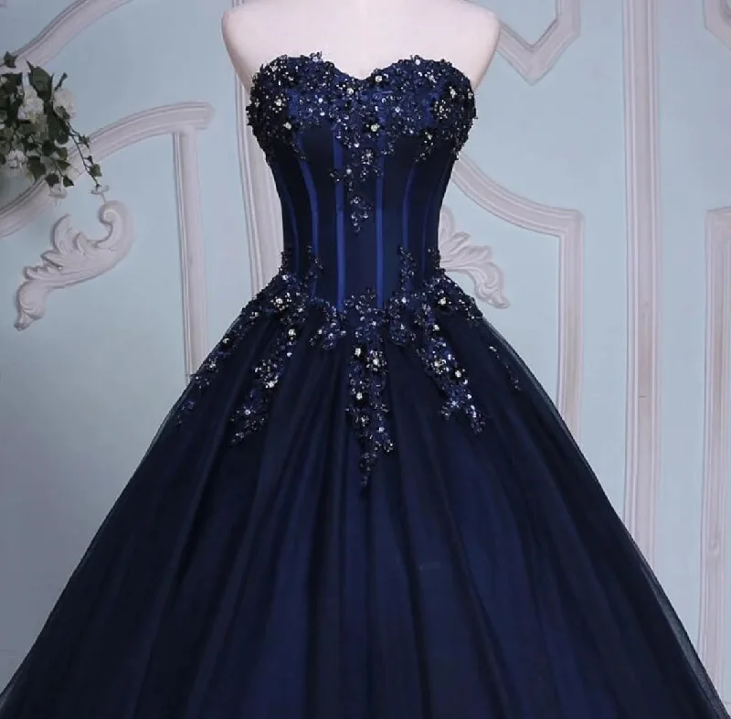 Navy Blue Lace Applique Tulle Long Party Dress, Blue Formal Gown Revolve party dresses