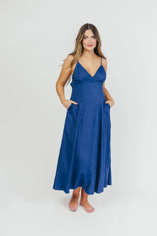 Ivy Linen-Blend Open Back Maxi Dress in Denim Blue Knit Maxi Skirt